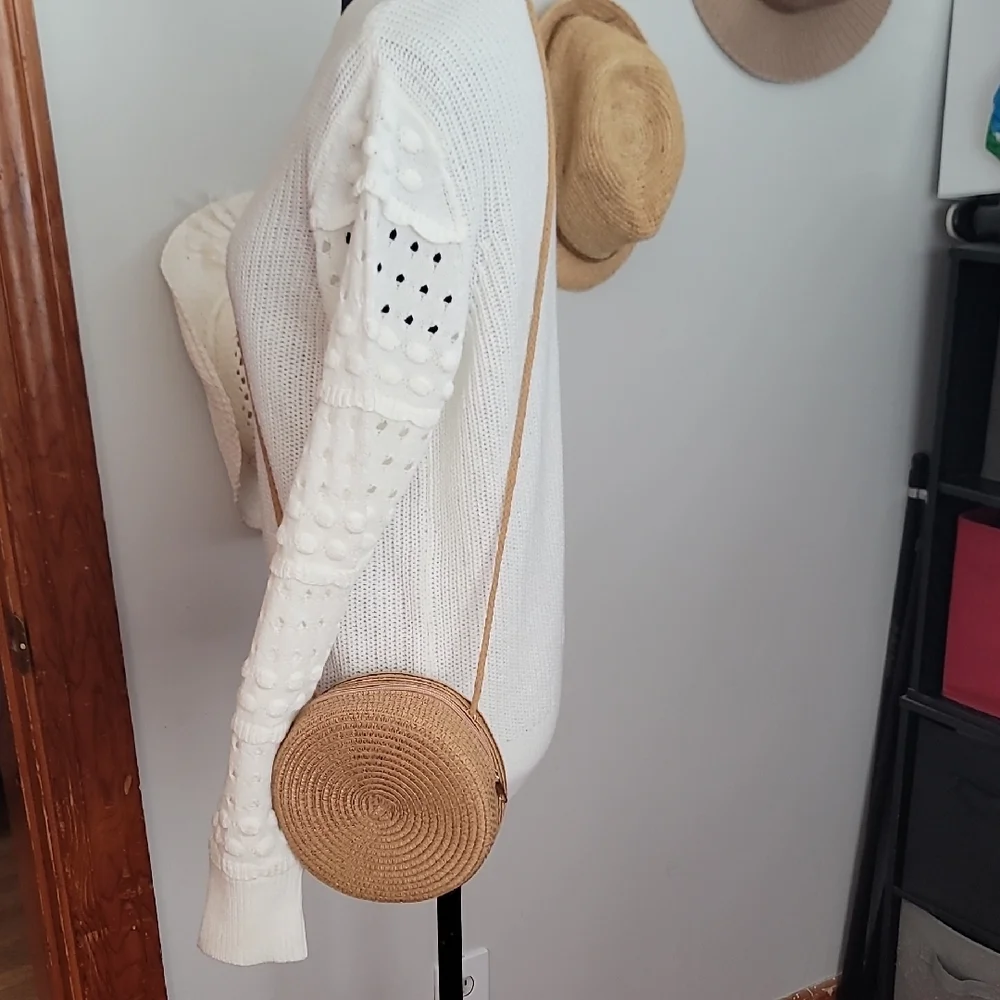 Elegant Khaki Rattan Round Crossbody Bag
